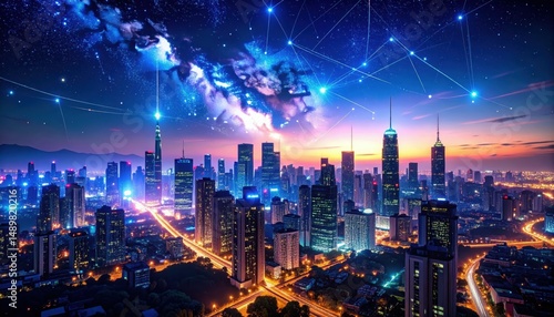 Wallpaper Mural Urban Cityscape Under Starry Night Sky with Visible Constellations Torontodigital.ca