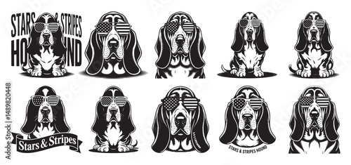 Ten basset hound silhouettes wearing patriotic sunglasses