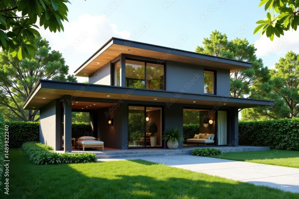 Modern Two-Story House with Expansive Windows and Covered Patio, Nestled Amidst Lush Greenery Modern Two-Story House with Expansive Windows and Covered Patio, Nestled Amidst Lush Greenery