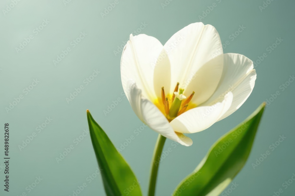 Fototapeta premium Crisp white tulip blossom, green leaf, white space, clean, photography