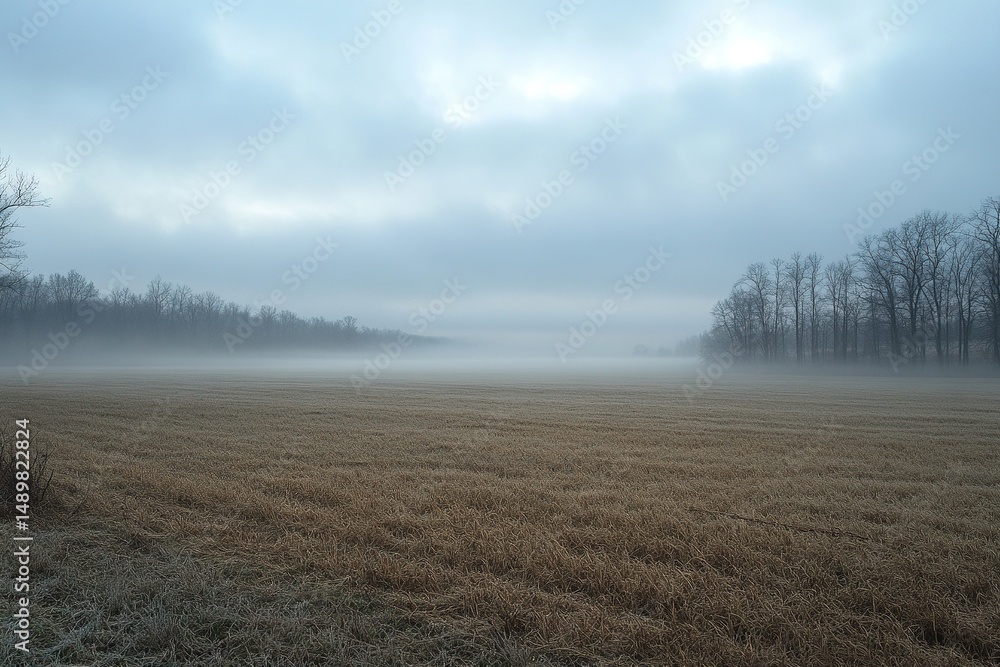 Fototapeta premium Eerie fog shrouds a harvested field
