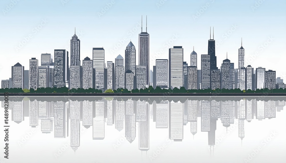 Fototapeta premium Stunning Cityscape with Skyline Reflections in Calm Lake Waters