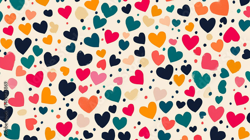 A playful and vibrant background filled with scattered hearts in various sizes and colors