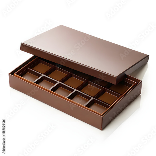 Premium dark chocolate truffle box mockup with lid half open, assorted candies in sleek black package on white background, top down view