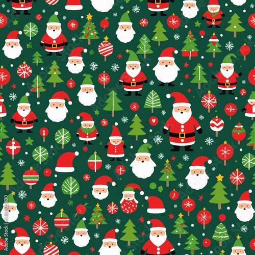 Santa Claus Christmas Seamless Pattern: A delightful and festive seamless pattern featuring Santa Claus, Christmas trees, ornaments, snowflakes, and other Christmas icons.