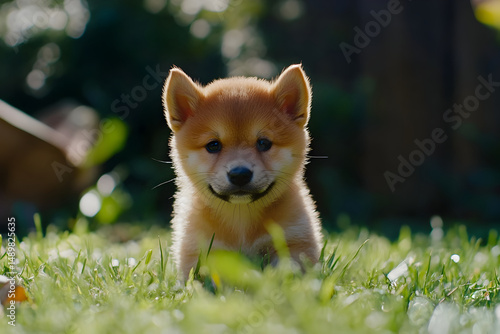 43. cute shiba inu puppy sitting on grass, sunny day, shallow depth of field