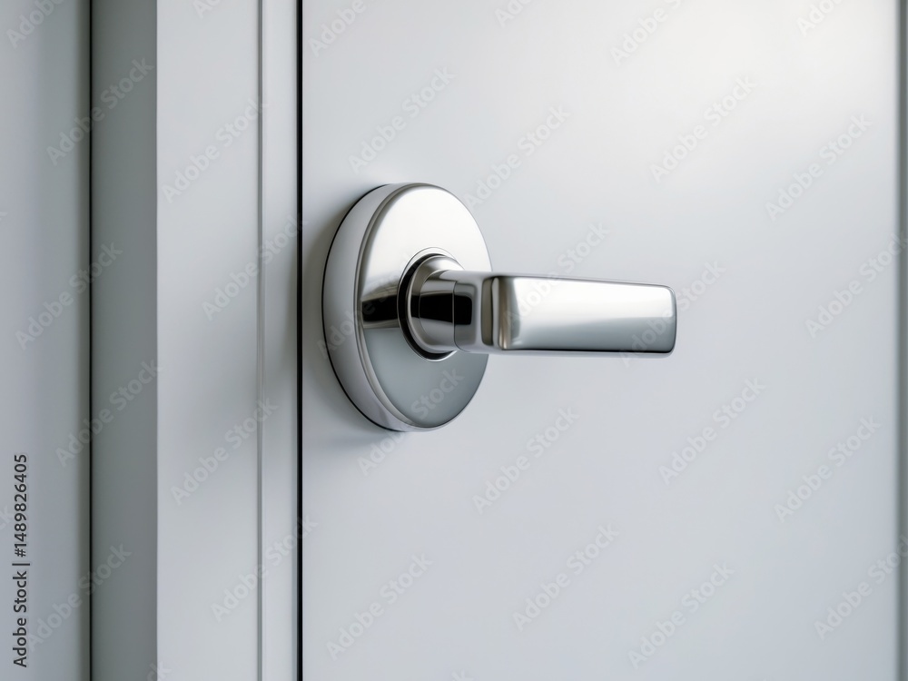 Modern Door Handle with Polished Chrome Finish, Minimalist Interior Design Element. Modern Door Handle with Polished Chrome Finish, Minimalist Interior Design Element.