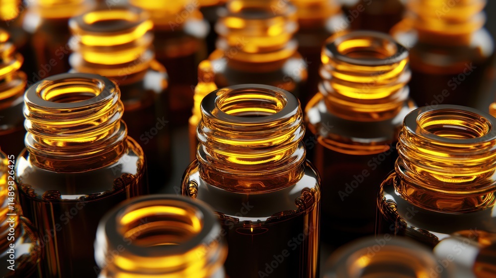 Obraz premium Amber bottles, pharmaceutical production, factory, glowing, packaging