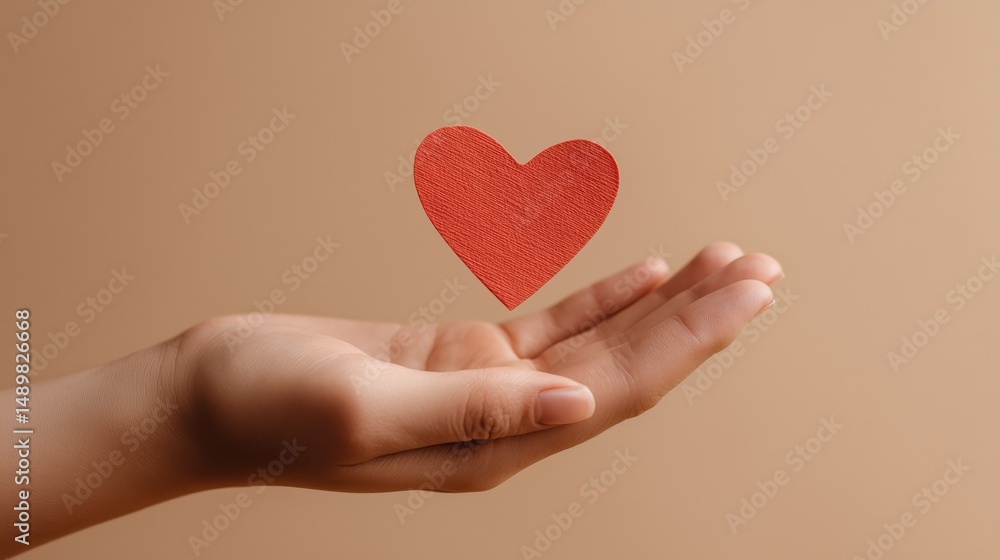 Female hand holding red heart on neutral background representing health insurance, emotional care and medical coverage for loved ones Female hand holding red heart on neutral background representing health insurance, emotional care and medical coverage for loved ones