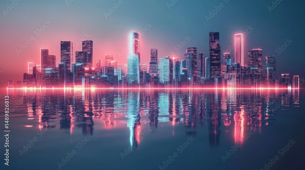Fototapeta premium Futuristic cityscape reflection neon lights digital illustration