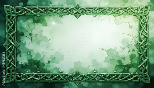 Decorative Celtic Frame with Green Watercolor Background for Invitations