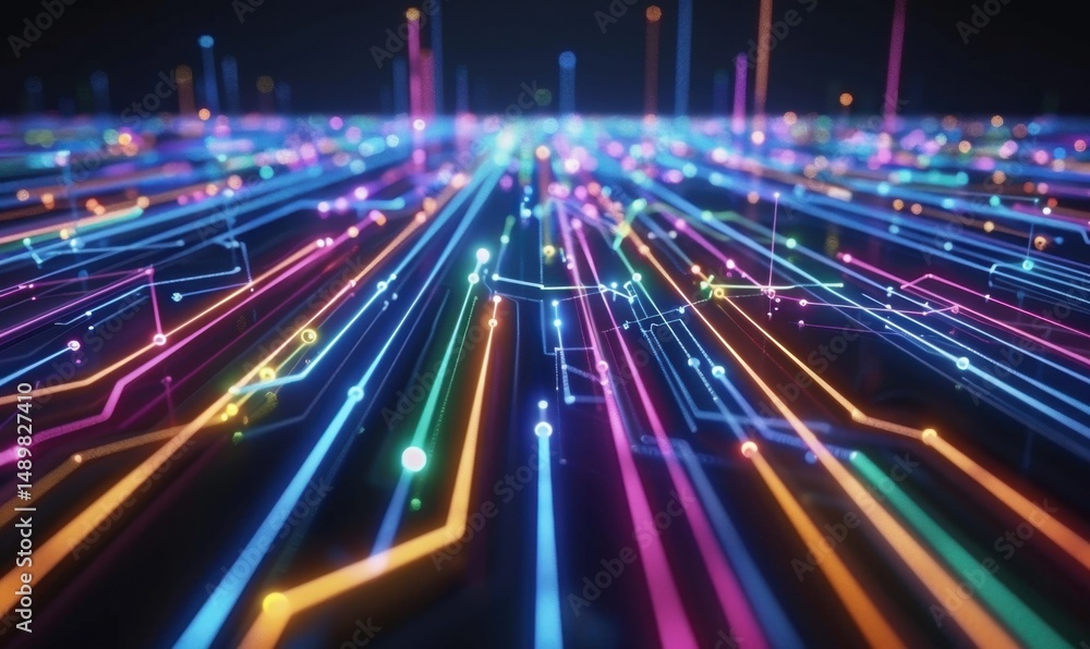 Fototapeta premium Neon digital network flowing, abstract background, technology concept, website banner