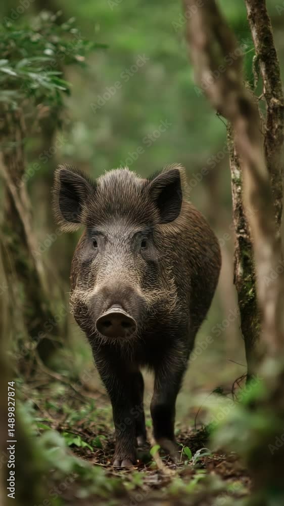 Majestic wild boar walking through dense forest with detailed fur and prominent snout, capturing wildlife in its natural habitat during daytime. Majestic wild boar walking through dense forest with detailed fur and prominent snout, capturing wildlife in its natural habitat during daytime.