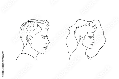 Two handsome men in profile outlined with different modern hairstyles and facial features