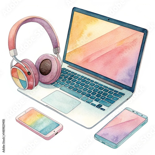laptop with headphones and mobile phone in watercolor
