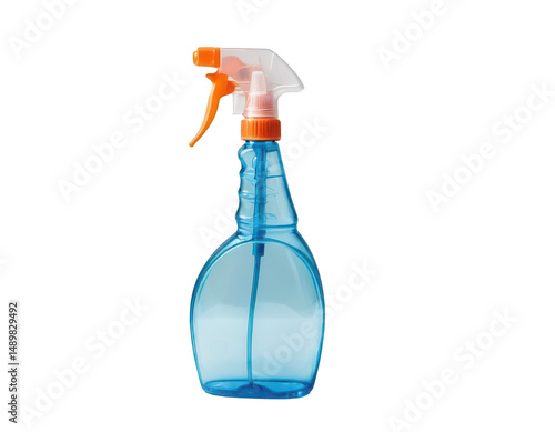 the image shows a cleaning spray bottle set against a plain, dark background. the bottle itself has a contoured shape, made from light blue colored plastic, and is topped with an dispensing mechanism