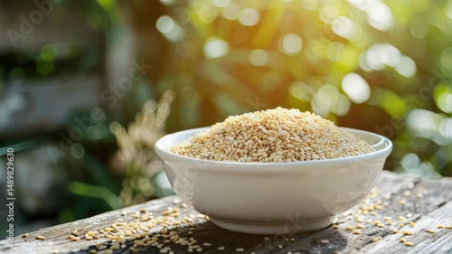 sesame in a bowl in a white bowl on a wooden table. Selective focus