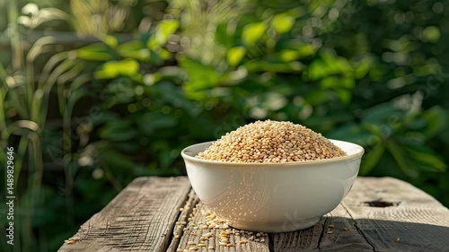 sesame in a bowl in a white bowl on a wooden table. Selective focus