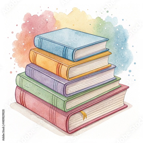 pile of books in watercolor 