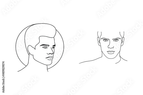 Two minimalist line art portraits of a handsome young man on white background