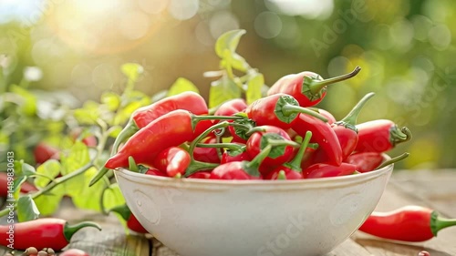chili pepper in a bowl in a white bowl on a wooden table. Selective focus