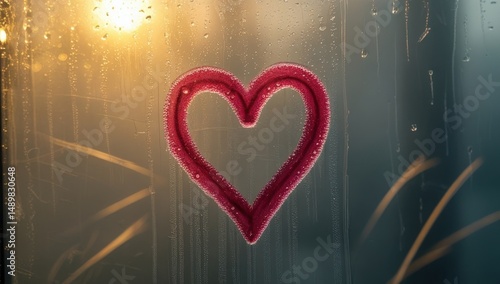 Red glass heart on a wet glass surface under warm sunlight - a symbol of love, warmth and romance
