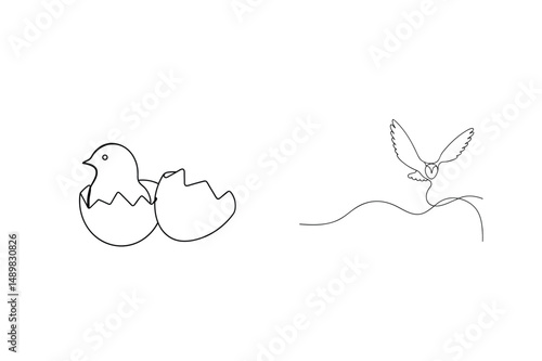 Minimalist continuous line art illustration of a newborn chick and flying owl on white