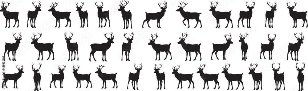 Fototapeta premium Deer silhouette vector illustration, reindeer herd, christmas animal, wildlife, stag, buck, antler design