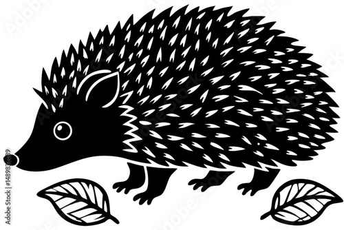 Black silhouette design of a small hedgehog with spines distinctly shown, hedgehog, silhouette, animal, nature, wildlife, prickly, spines, vector, illustration, design, graphic, art, image, clipart, b