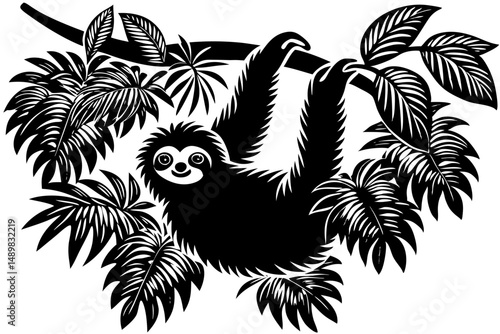 Black silhouette of a sloth hanging upside down from a branch, sloth, silhouette, black, animal, wildlife, hanging, upside down, tree, branch, vector, graphic, design, illustration, isolated, nature, 
