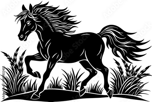 Dynamic black silhouette depicting a wild horse galloping freely across, horse, wild, silhouette, galloping, freedom, animal, equine, speed, power, movement, running, vector, illustration, graphic, de