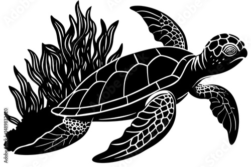 Elegant sea turtle silhouette swimming gracefully through the ocean, sea turtle, turtle, silhouette, animal, wildlife, ocean, aquatic, marine, underwater, swimming, graceful, vector, illustration, bla