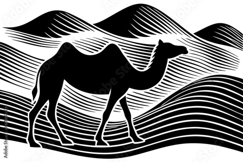 Elegant silhouette design of a dromedary camel with single prominent hump, camel, dromedary, silhouette, animal, wildlife, desert, africa, middle east, transportation, nature, travel, vector, illustra