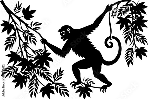 Playful monkey silhouette in black depicting capuchin or similar ape, monkey, capuchin, ape, animal, wildlife, silhouette, black, vector, design, illustration, primate, playful, funny, curious, transp