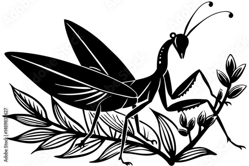 Praying mantis silhouette displaying unique posture and form, praying mantis, silhouette, vector, illustration, design, graphic, insect, nature, wildlife, predator, black, white, minimalist, simple, a