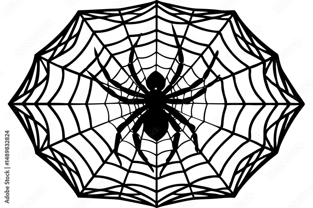 Obraz premium Silhouette of a spider at the center of an intricate web design, spider, silhouette, vector, web, insect, black, arachnid, nature, graphic, design, art, illustration, shape, background, abstract, isol