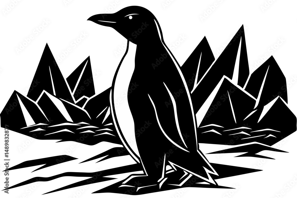 Silhouette of a waddling penguin on an icy surface design, penguin, silhouette, waddling, ice, cold, winter, animal, bird, wildlife, nature, design, vector, illustration, graphic, black and white, mon