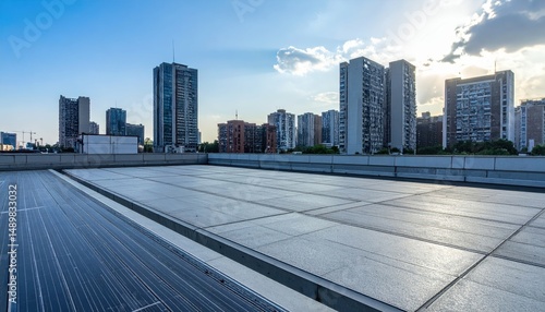 Rooftop View of Cityscape with Solar Panels Under Bright Sky