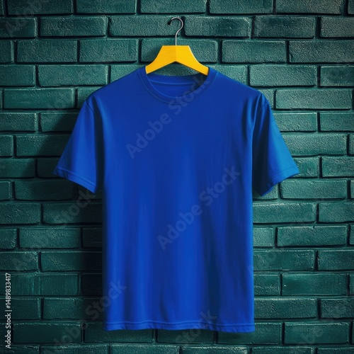 Plain royal blue t-shirt on a yellow hanger against a teal brick wall