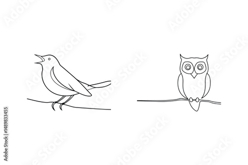 Simple black and white line drawing of a singing bird and a perched owl on a branch