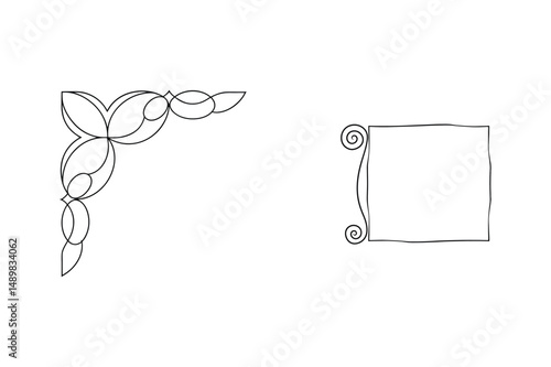 Elegant hand drawn corner ornament and scroll frame design elements on white background
