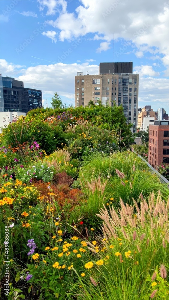 Naklejka premium Vibrant Rooftop Garden Overgrown with Wild Nature in Urban Setting