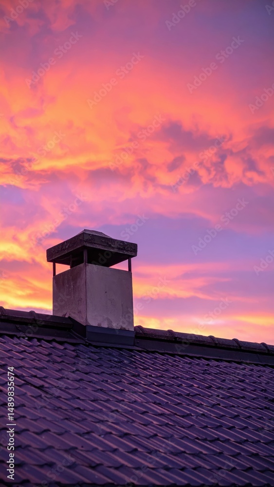 Fototapeta premium Surreal Rooftop View Under Strange Colored Sky at Dusk