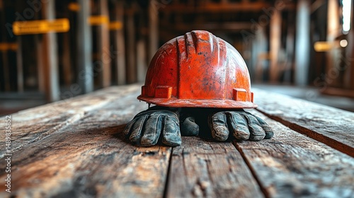 Hard Hat and Work Gloves Resting on Weathered Wood