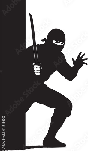A stealthy ninja silhouette hiding behind a wall, ready to strike – plain white background