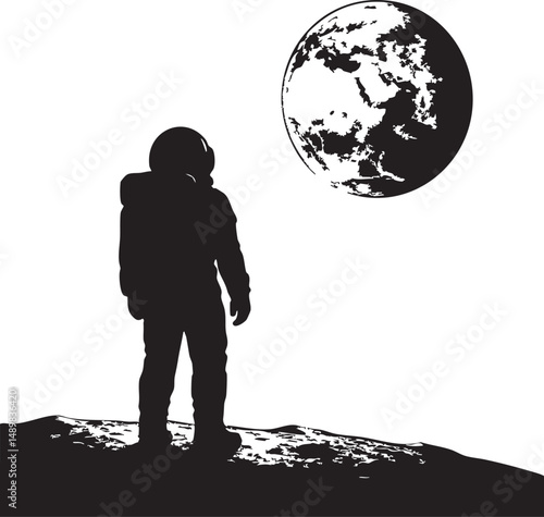 An astronaut silhouette standing on the moon, gazing at Earth – plain white background
