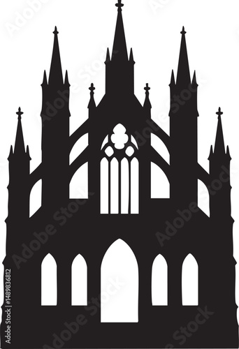 Silhouette of a cathedral with gothic arches and towering spires – plain white background