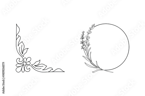 Elegant floral corner and circular lavender frame minimalist vector illustrations on white