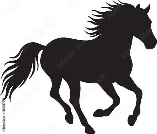 Silhouette of a galloping horse with flowing mane and tail – plain white background