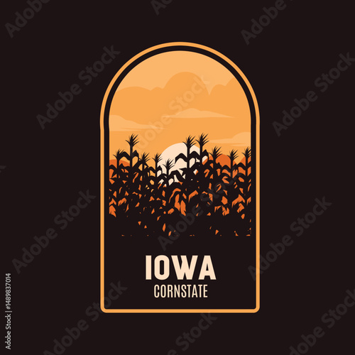 Emblem of Iowa Corn Field in Sunset Perfect for Print, Apparel, etc